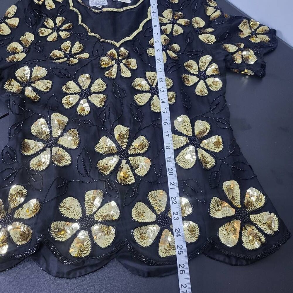 VTG Stenay Womens Silk Sequin Top Size Medium Black Gold Floral Beaded Swiftie - Picture 7 of 7